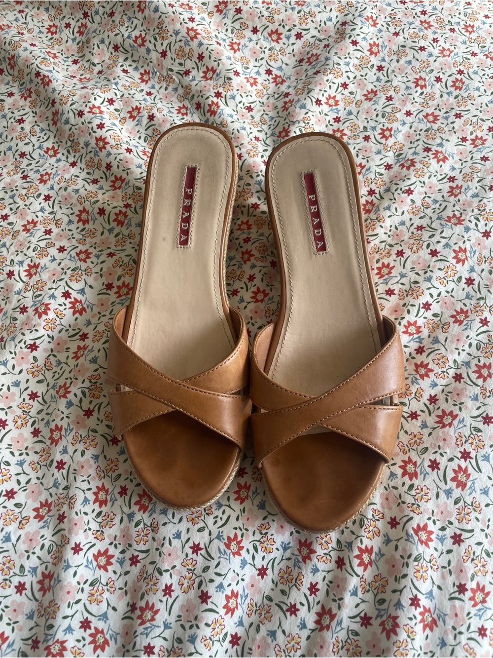 Y2K Vintage Prada Tan Leather Cork Wedge Slide Sandals Size 36 - Picture 3 of 7